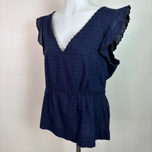 J. Crew Top 12 Navy Blue Swiss Dot Peplum Flutter Sleeve Scalloped V-Neck Blouse - Picture 3 of 11